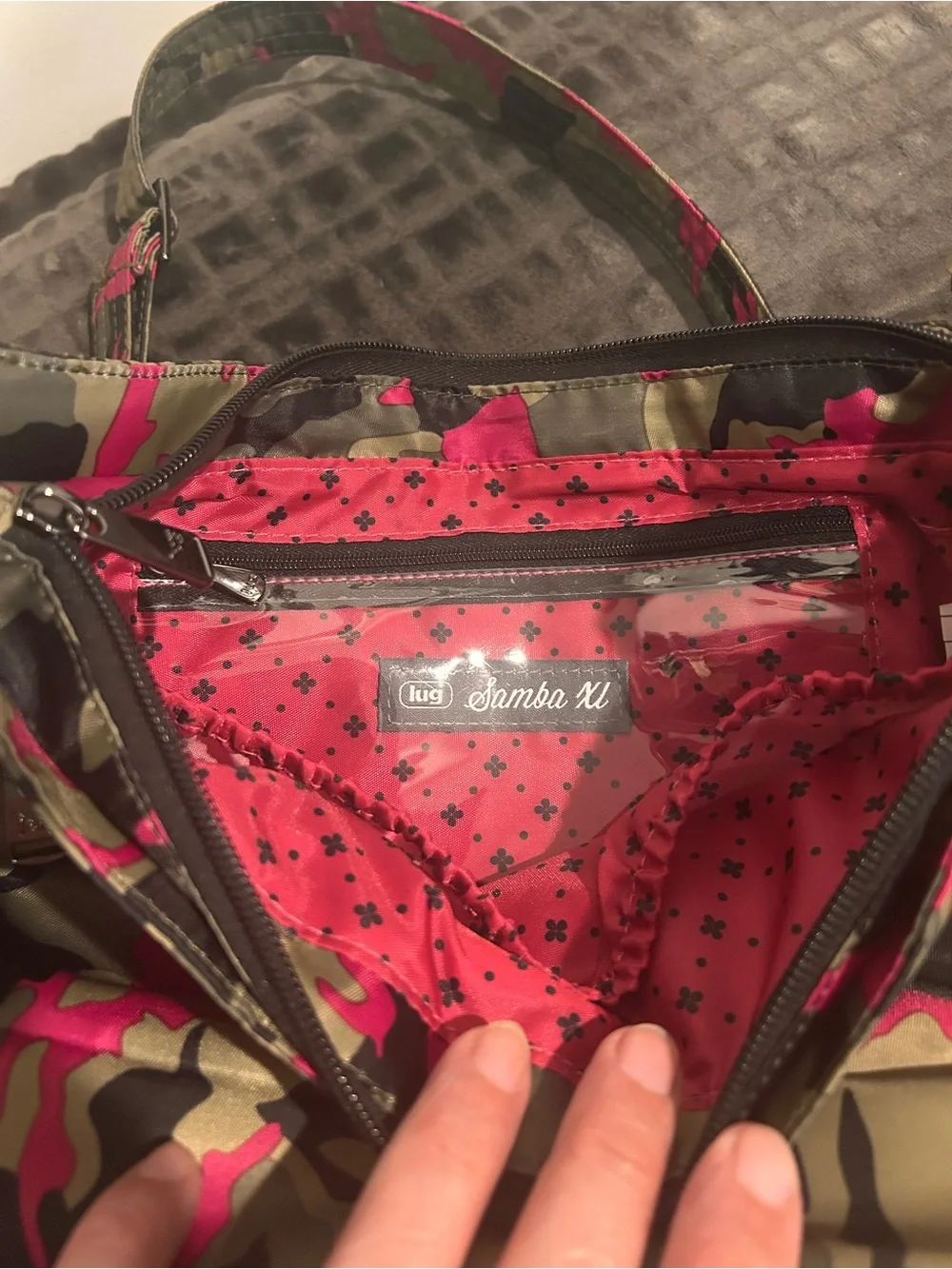 LUG Samba XL Quilted Camouflage Crossbody Bag in Olive and Hot Pink